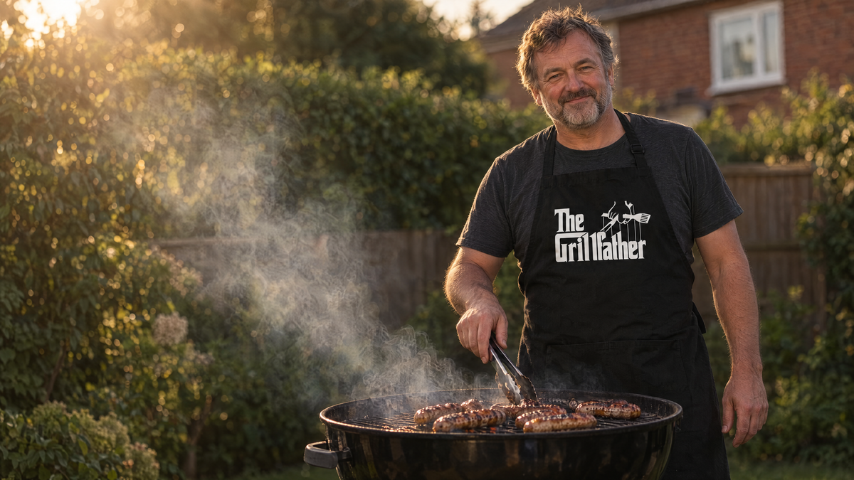 Man in a black The Grillfather BBQ apron grilling sausages on a kettle barbecue in a back garden