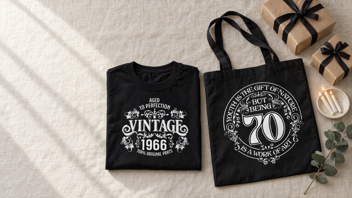Folded Vintage 1966 Aged to Perfection T-shirt and a 70th birthday tote bag with kraft paper gifts and candles