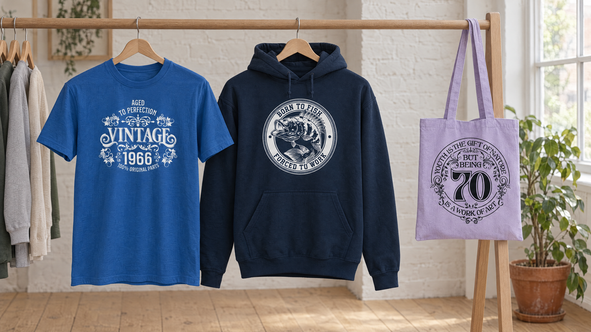 Clothes rail in a bright studio shop with a royal blue Vintage 1966 T-shirt, Born to Fish hoodie and lavender 70th tote bag