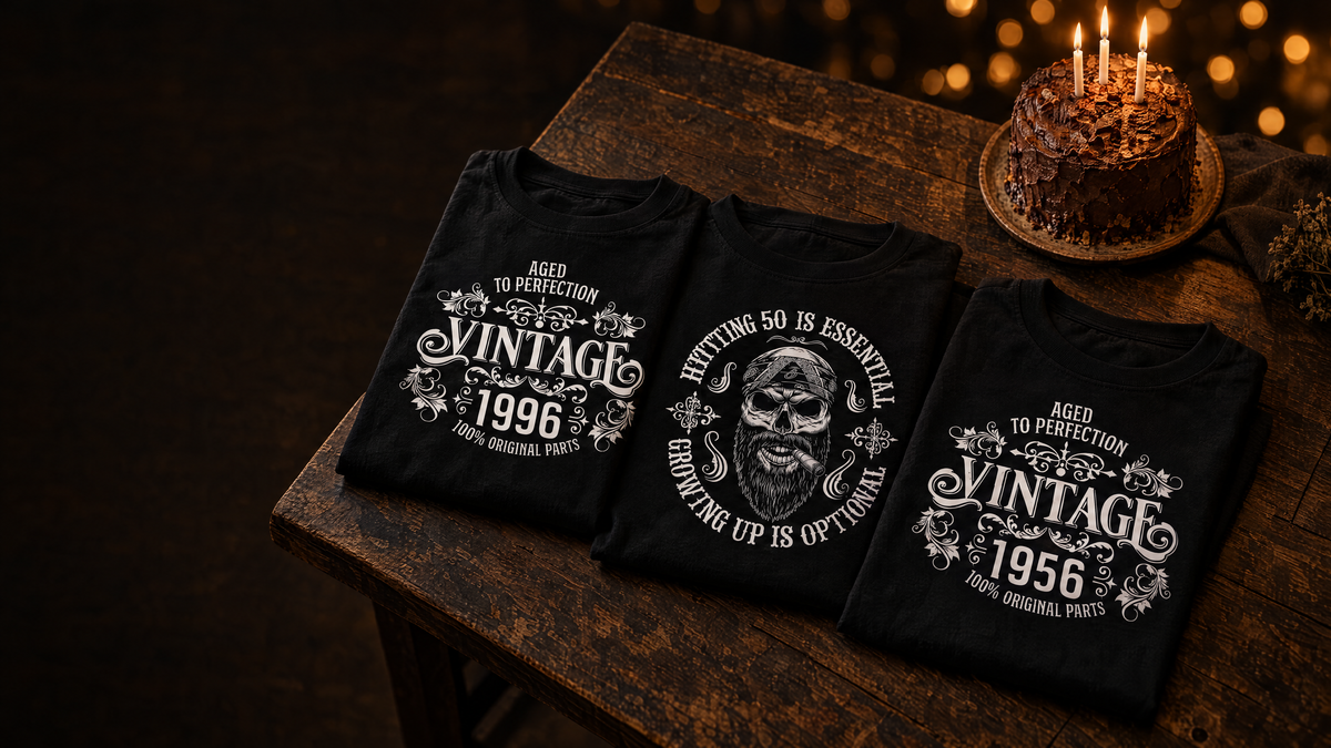 Folded black Vintage 1996, Hitting 50 is Essential and Vintage 1956 birthday T-shirts beside a birthday cake