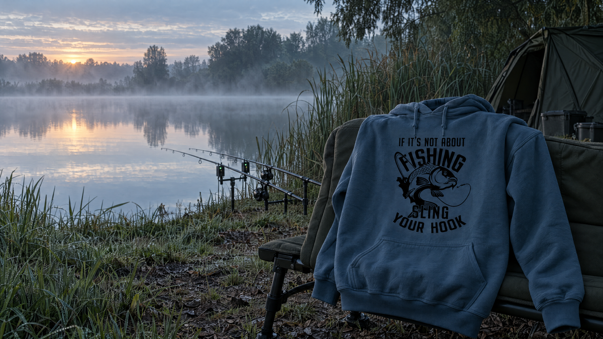 Airforce blue Sling Your Hook carp fishing hoodie draped over a bedchair beside a misty lake at dawn