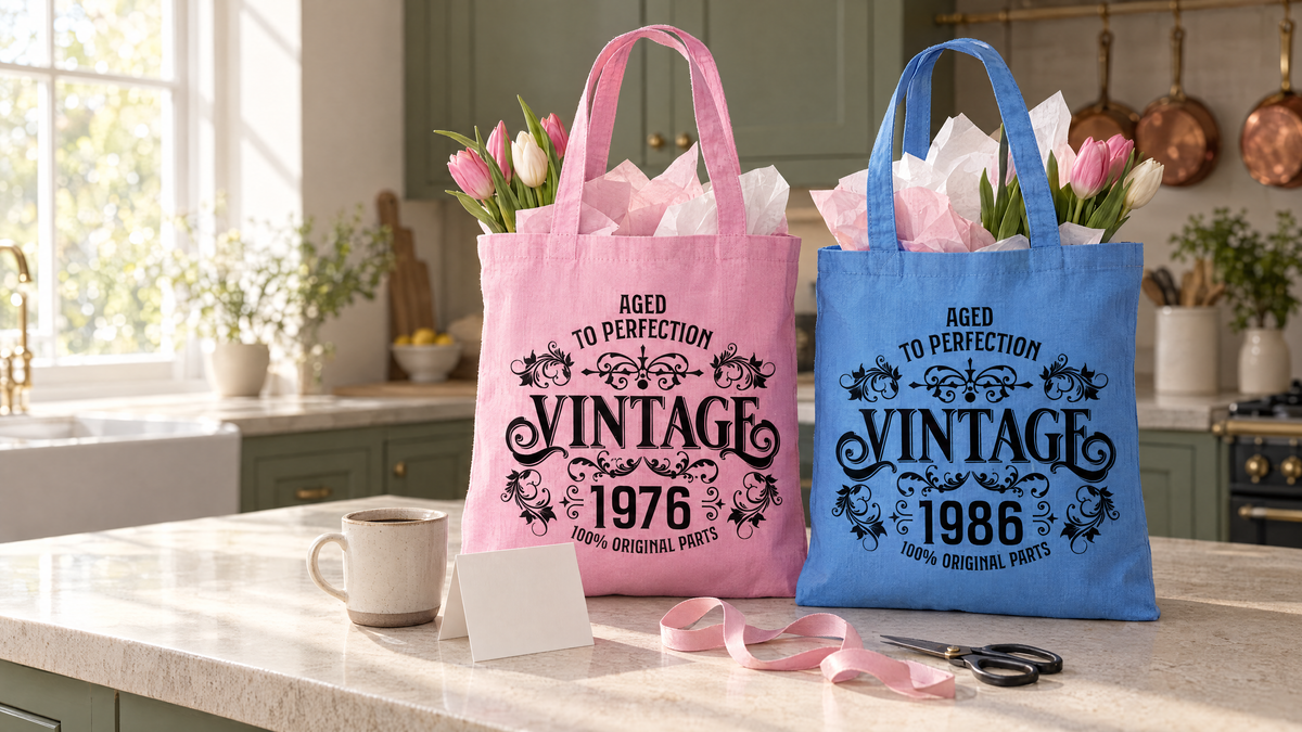 Pink Vintage 1976 and blue Vintage 1986 Aged to Perfection tote bags used as gift bags with tulips on a kitchen island