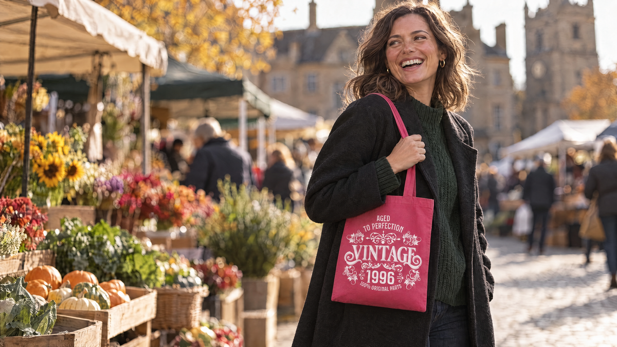 Woman at a weekend market carrying a raspberry pink Vintage 1996 Aged to Perfection tote bag