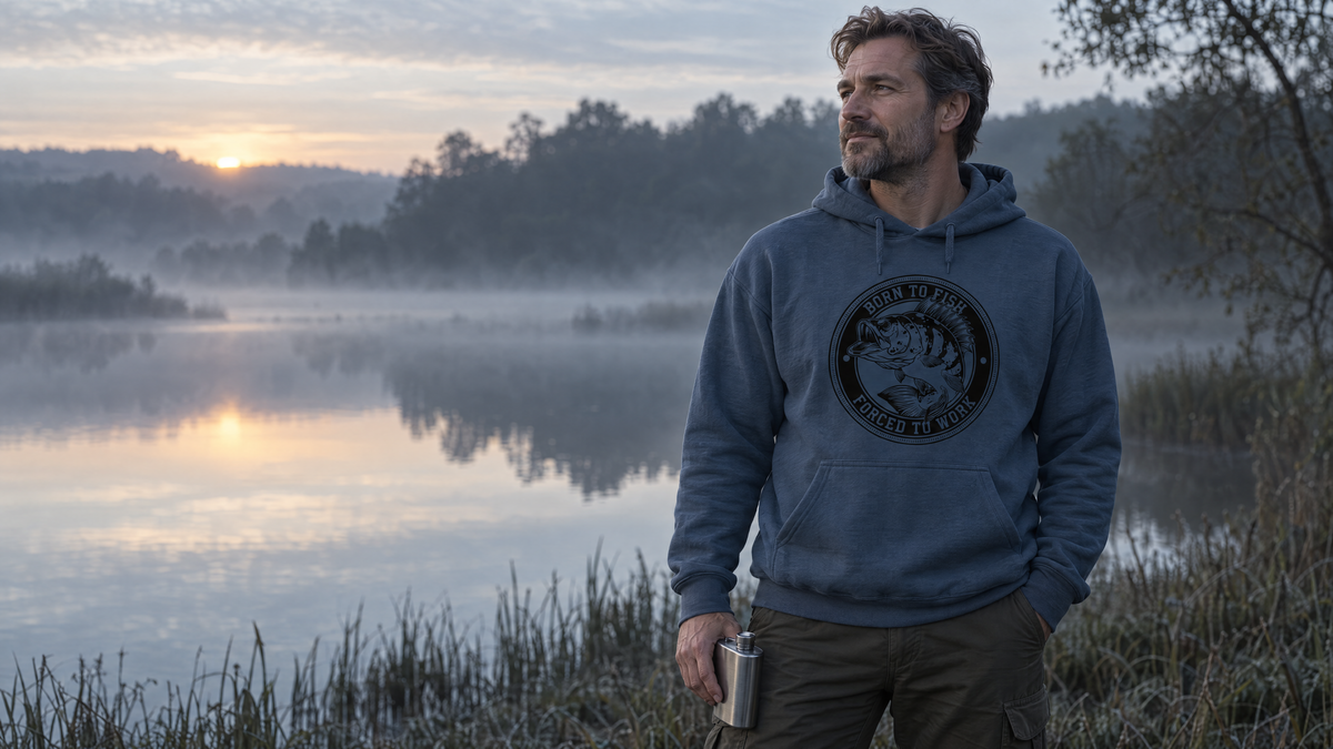 Man in an airforce blue Born to Fish Forced to Work hoodie beside a misty English lake at dawn