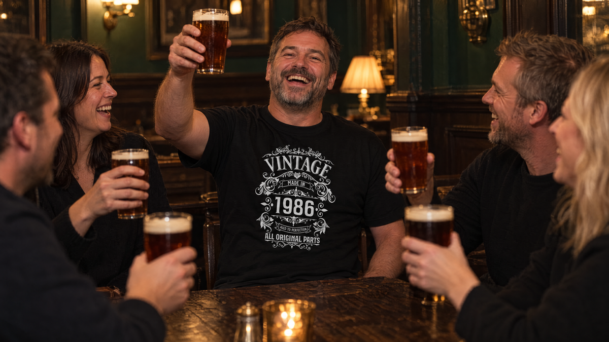 Friends toasting in a pub, the birthday man in a black Vintage 1986 40th birthday T-shirt