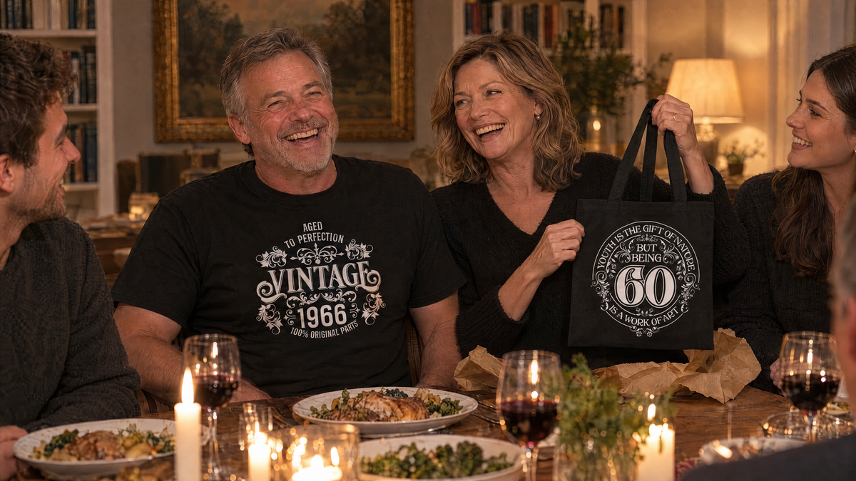 Family dinner with the birthday man in a Vintage 1966 Aged to Perfection T-shirt and his wife holding a 60th tote bag