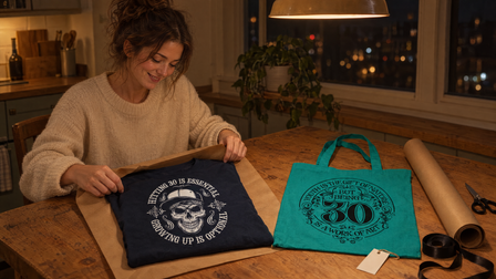 Young woman wrapping a navy Hitting 30 is Essential T-shirt in kraft paper at night beside an emerald 30th tote bag