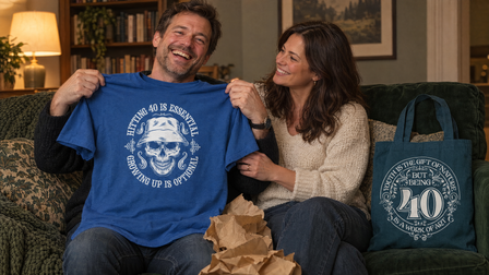 Couple on a sofa laughing as he holds up a royal blue Hitting 40 is Essential T-shirt, petrol 40th tote bag beside them