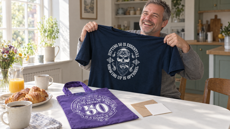 Man at a birthday breakfast holding up a navy Hitting 50 is Essential T-shirt, a purple 50th tote bag on the table