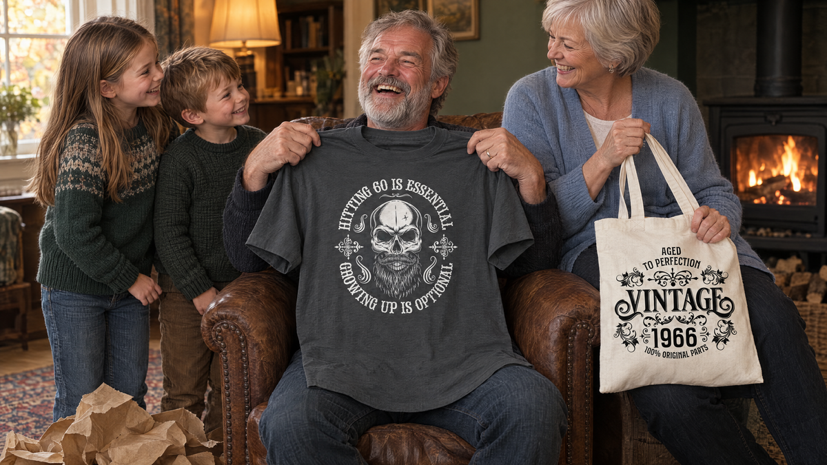 Grandad holding up a charcoal Hitting 60 is Essential T-shirt with his grandchildren, grandma holding a Vintage 1966 tote