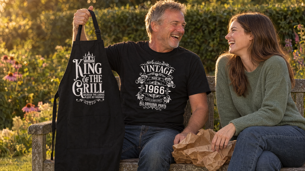 Dad laughing with his daughter on a garden bench in a Vintage 1966 T-shirt, holding up a King of the Grill BBQ apron