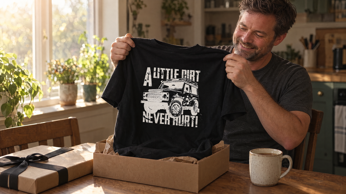Smiling man lifting an A Little Dirt Never Hurt 4x4 T-shirt out of a kraft paper gift box at a kitchen table