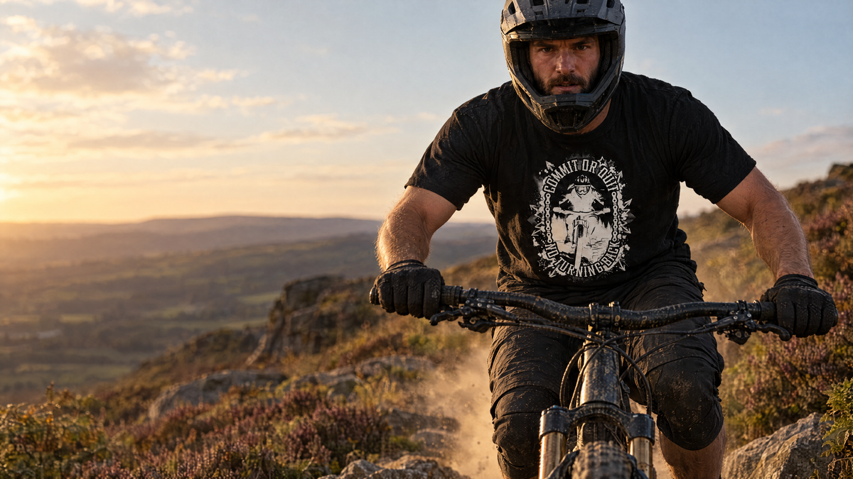 Mountain biker in a black Commit or Quit No Turning Back T-shirt riding a gritstone trail in the Peak District