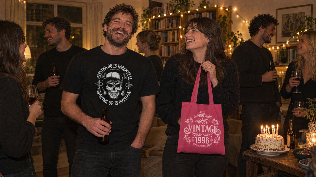 House party with the birthday guy in a Hitting 30 is Essential T-shirt and a friend holding a pink Vintage 1996 tote