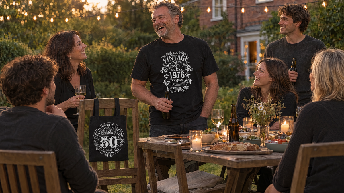 Garden party with the birthday man in a Vintage 1976 All Original Parts T-shirt and a 50th birthday tote bag