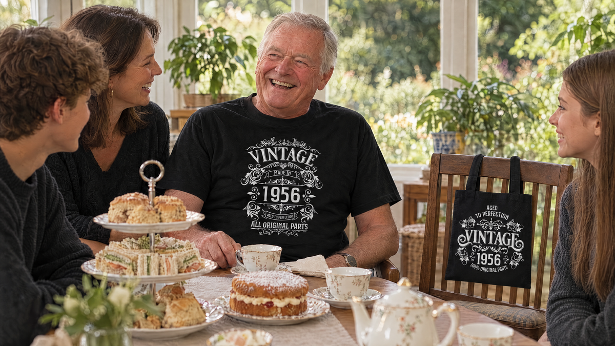 Afternoon tea with a grandad in a Vintage 1956 All Original Parts T-shirt and a Vintage 1956 tote bag beside him