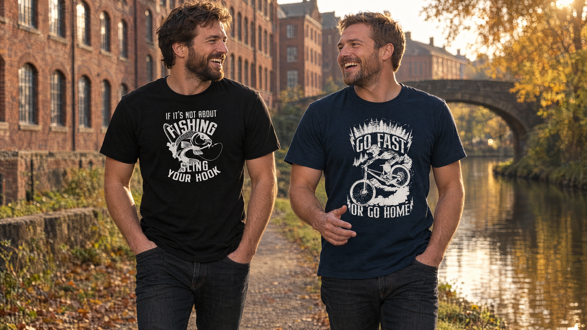 Two mates laughing on a canal towpath by old brick mills in Sling Your Hook and Go Fast or Go Home graphic T-shirts