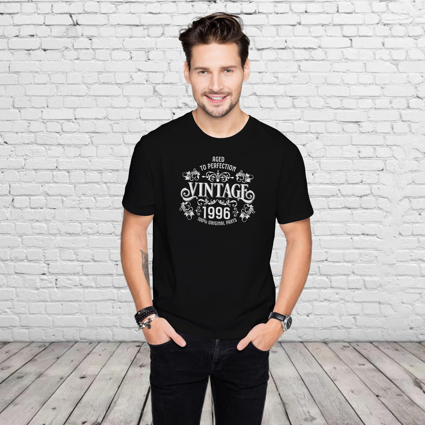 Man wearing the Vintage 1996 Aged to Perfection 30th birthday t-shirt in black
