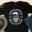 Close-up of the Hitting 30 is Essential print on a black 30th birthday t-shirt