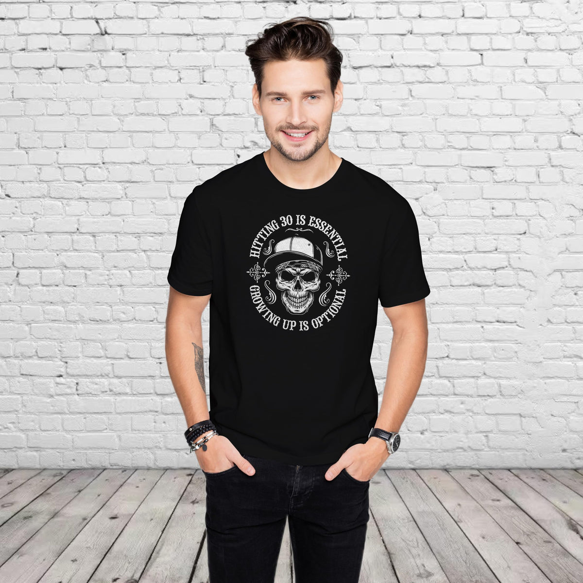 Man wearing the Hitting 30 is Essential 30th birthday t-shirt in black