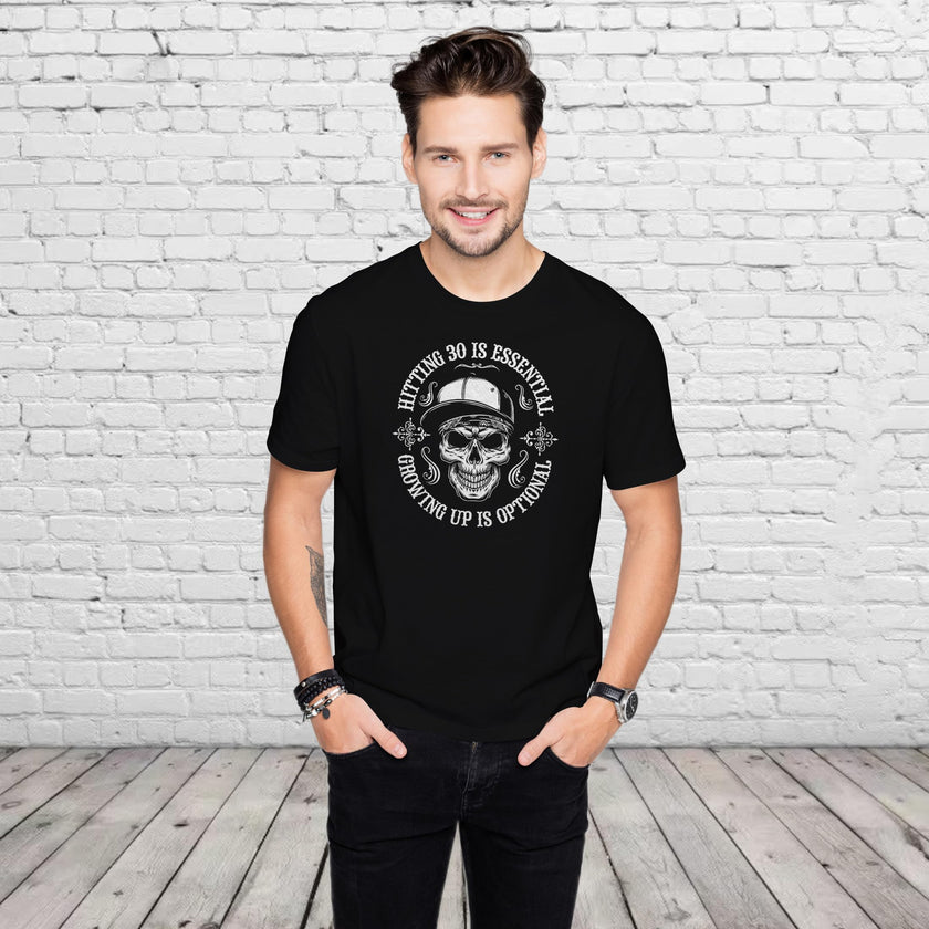 Man wearing the Hitting 30 is Essential 30th birthday t-shirt in black
