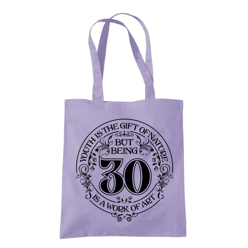 Being 30 is a Work of Art 30th birthday tote bag in lavender