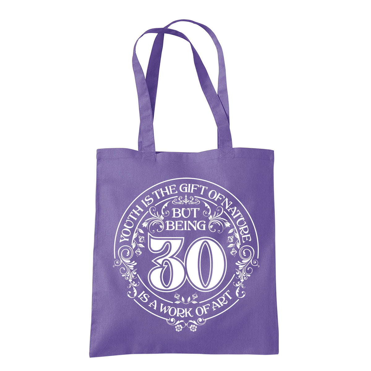 Being 30 is a Work of Art 30th birthday tote bag in violet