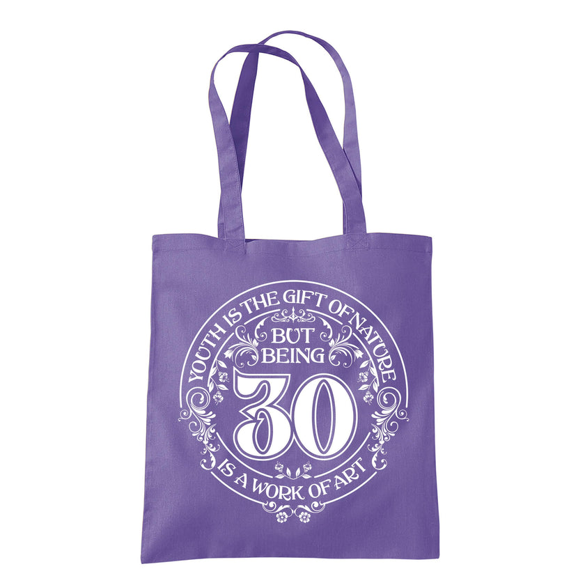 Being 30 is a Work of Art 30th birthday tote bag in violet