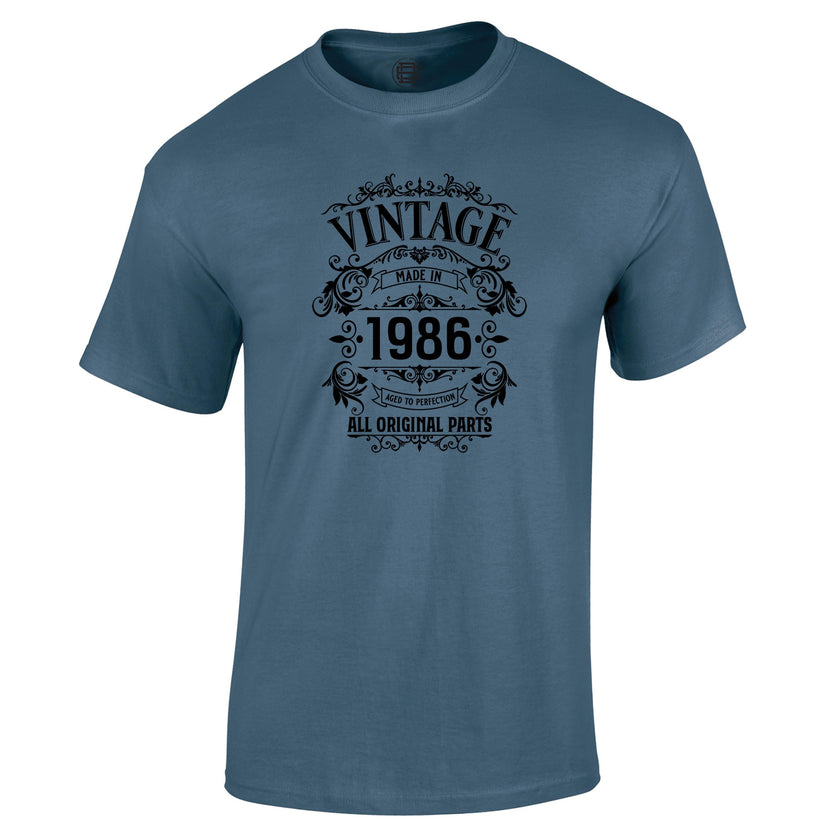 Vintage 1986 All Original Parts 40th birthday t-shirt in indigo blue