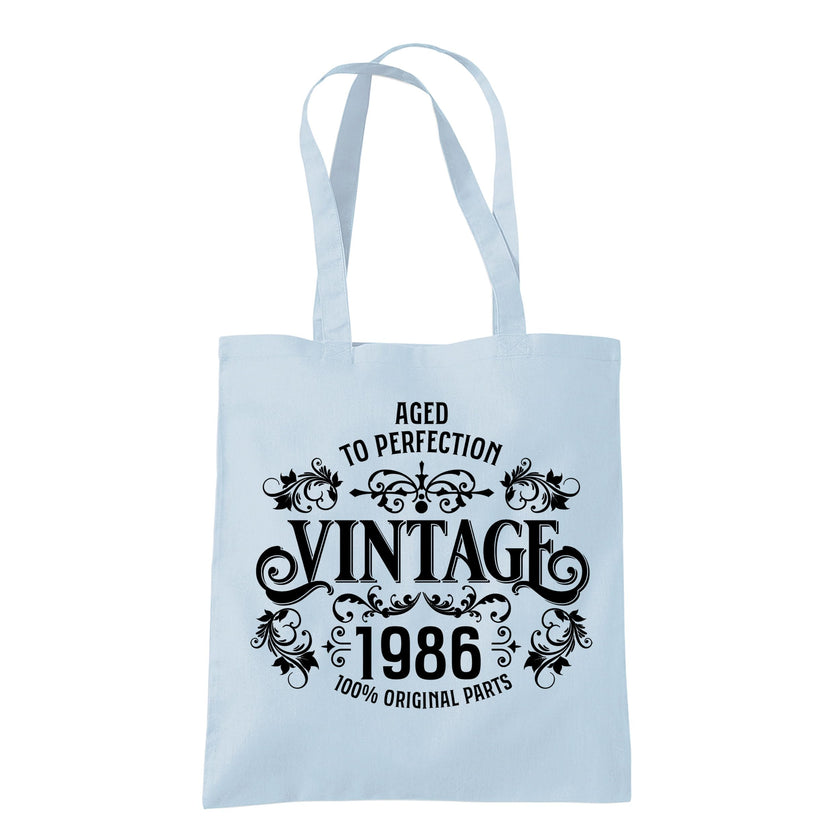 Vintage 1986 Aged to Perfection 40th birthday tote bag in pastel blue