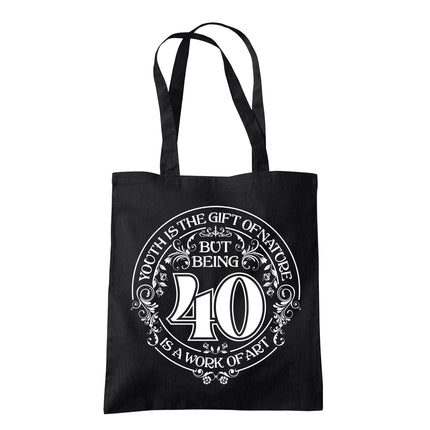Being 40 is a Work of Art 40th birthday tote bag in black