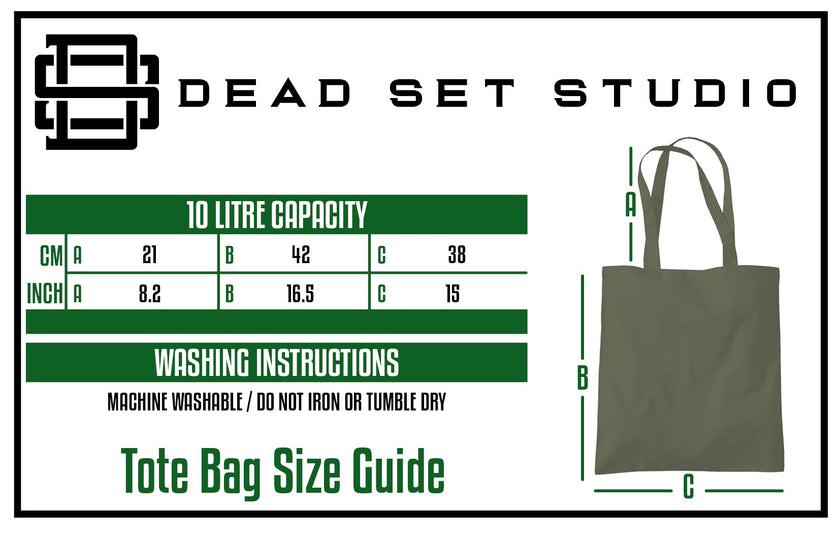 Tote bag size guide with dimensions and washing instructions