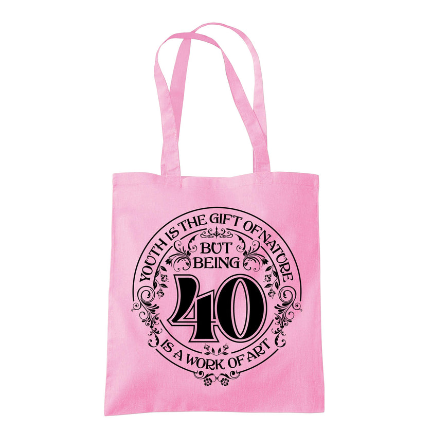 Being 40 is a Work of Art 40th birthday tote bag in classic pink