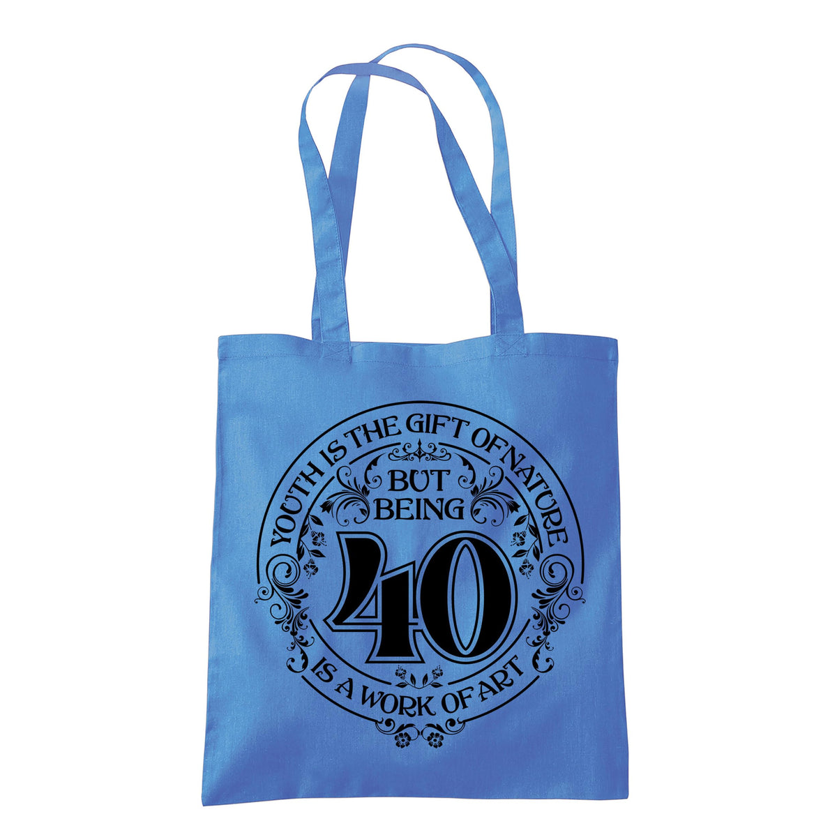 Being 40 is a Work of Art 40th birthday tote bag in cornflower blue