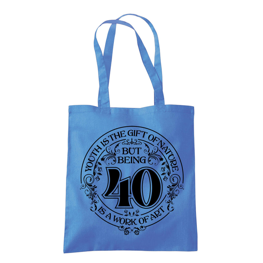 Being 40 is a Work of Art 40th birthday tote bag in cornflower blue