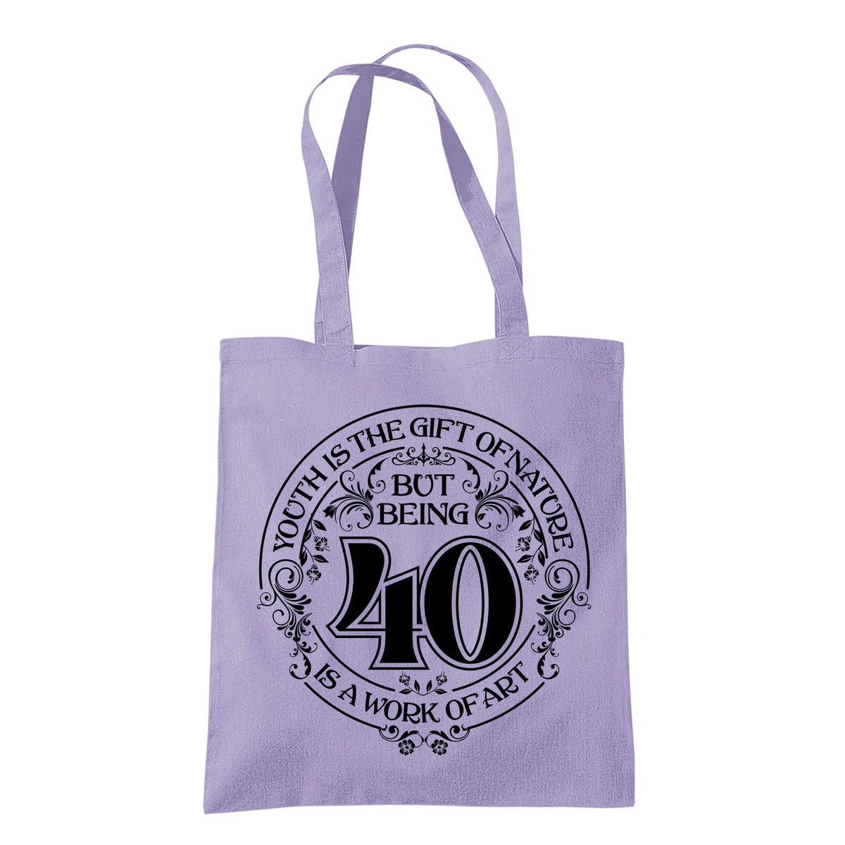 Being 40 is a Work of Art 40th birthday tote bag in lavender