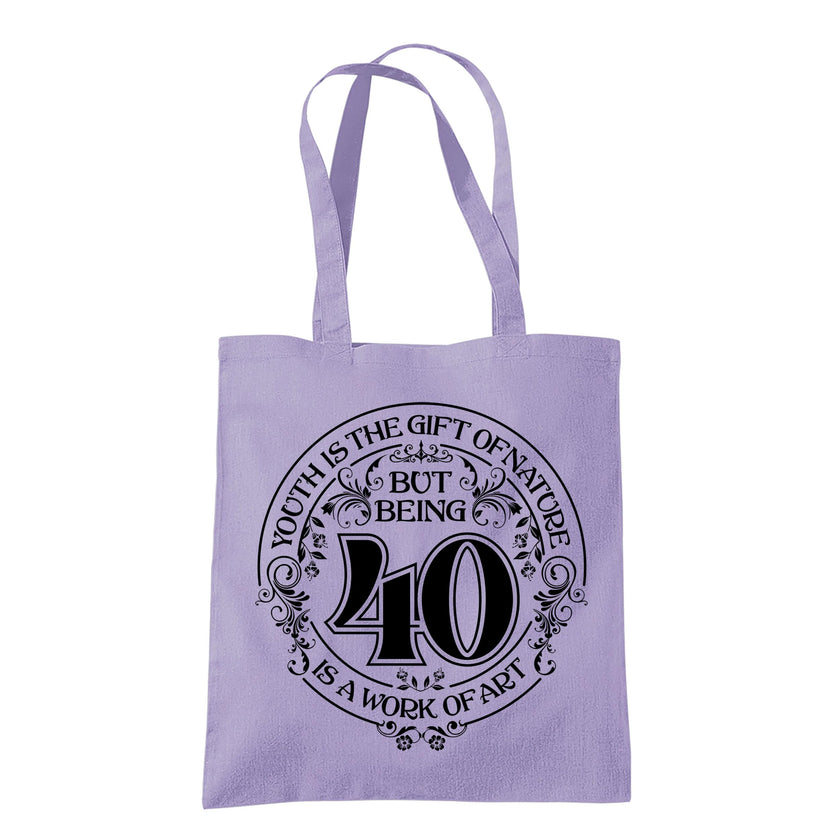 Being 40 is a Work of Art 40th birthday tote bag in lavender