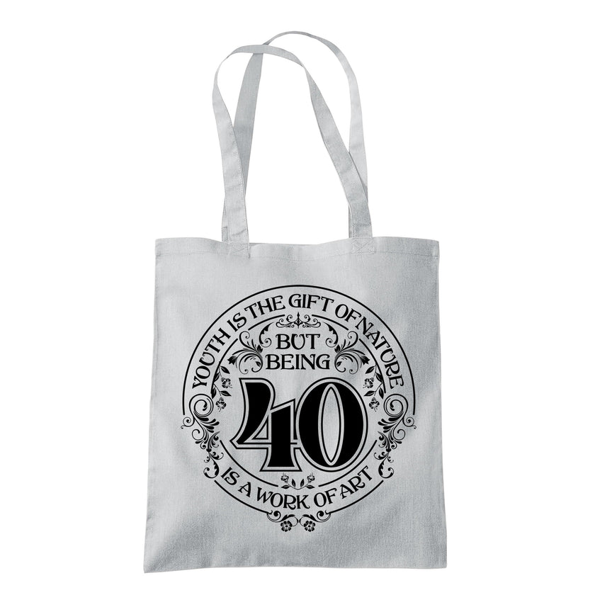 Being 40 is a Work of Art 40th birthday tote bag in light grey