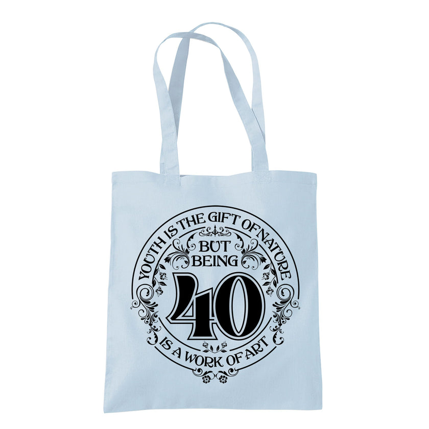 Being 40 is a Work of Art 40th birthday tote bag in pastel blue