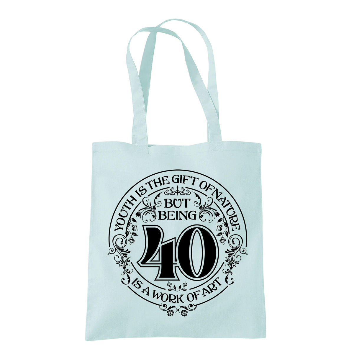 Being 40 is a Work of Art 40th birthday tote bag in pastel mint