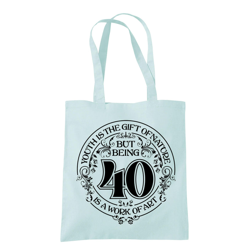 Being 40 is a Work of Art 40th birthday tote bag in pastel mint
