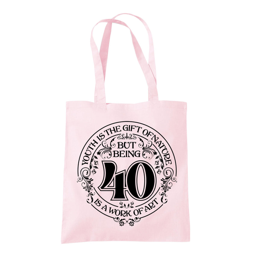 Being 40 is a Work of Art 40th birthday tote bag in pastel pink