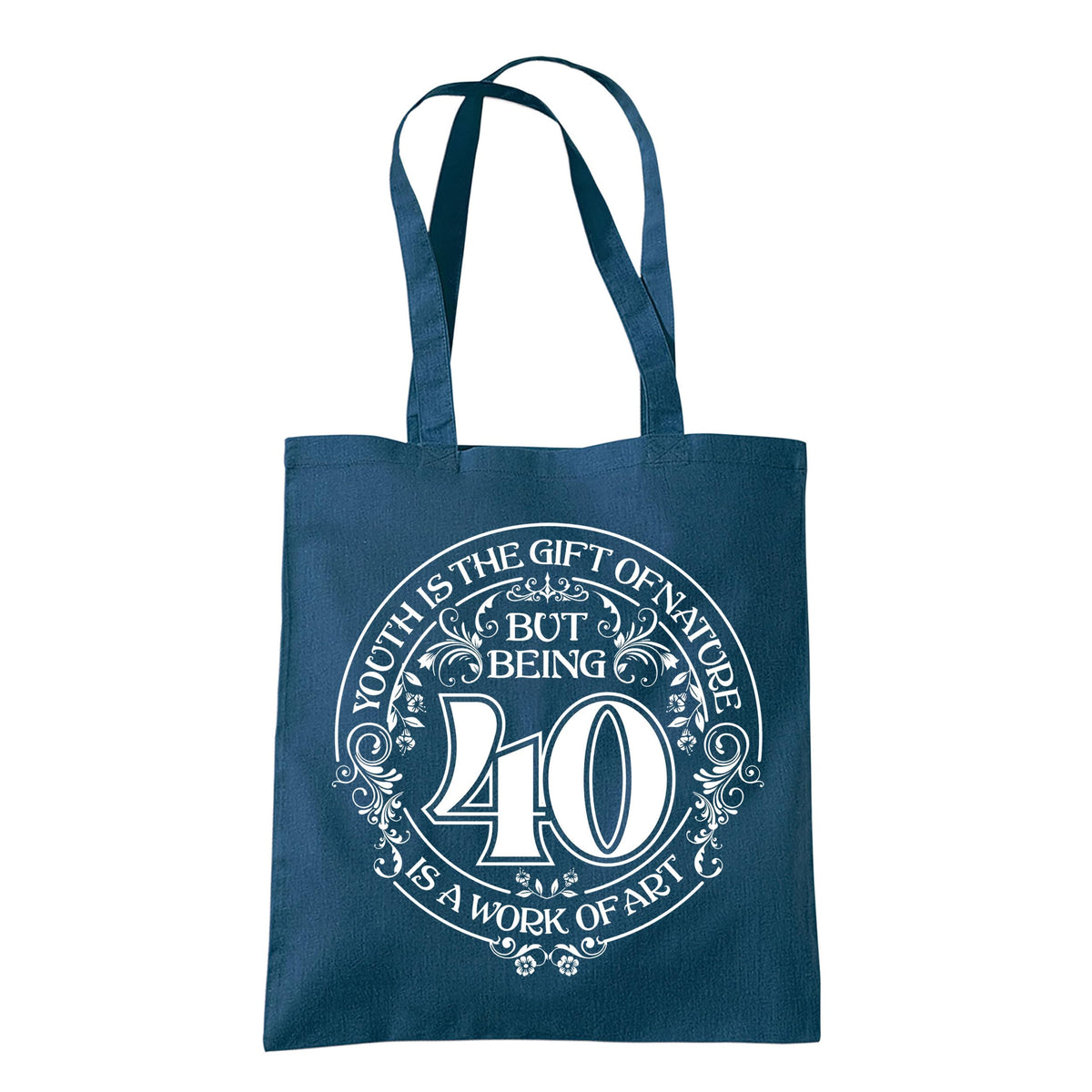 Being 40 is a Work of Art 40th birthday tote bag in petrol