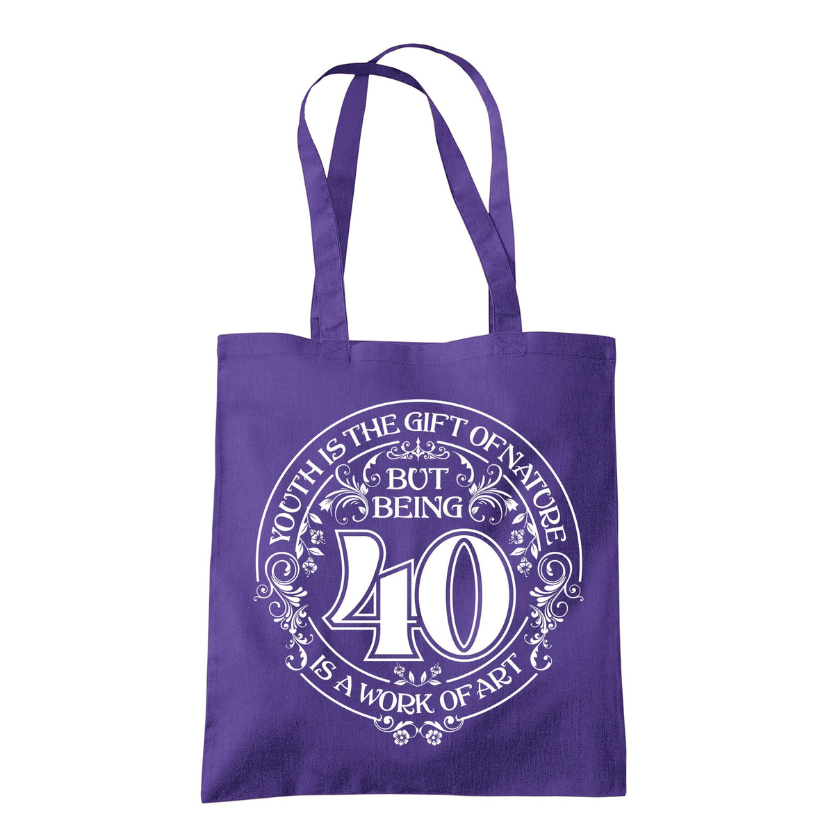 Being 40 is a Work of Art 40th birthday tote bag in purple