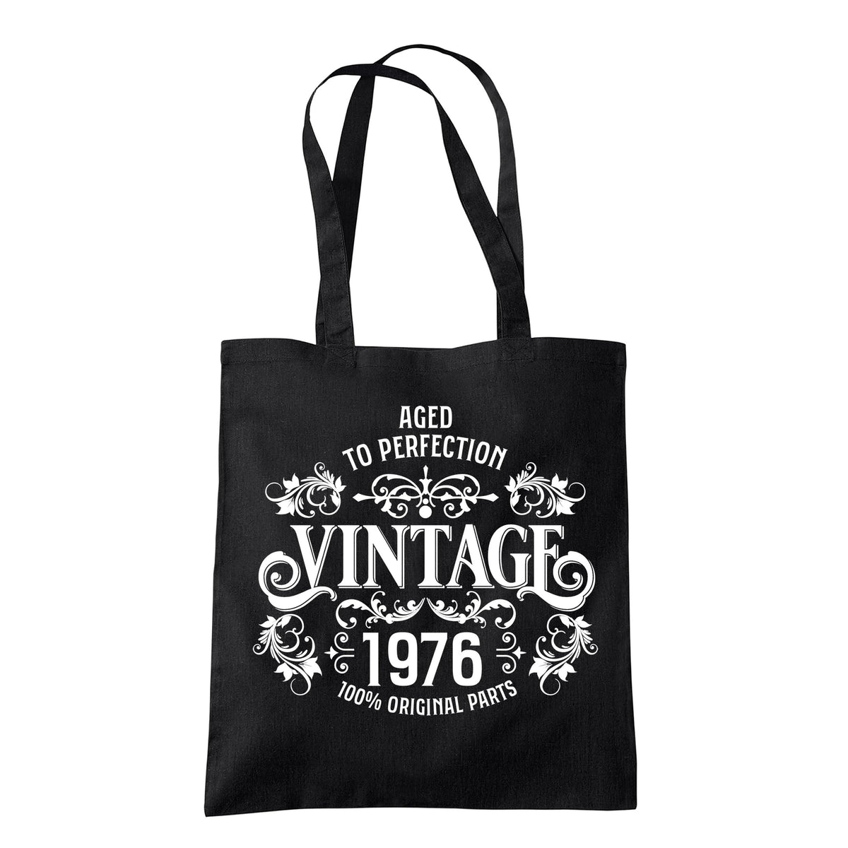 Vintage 1976 Aged to Perfection 50th birthday tote bag in black