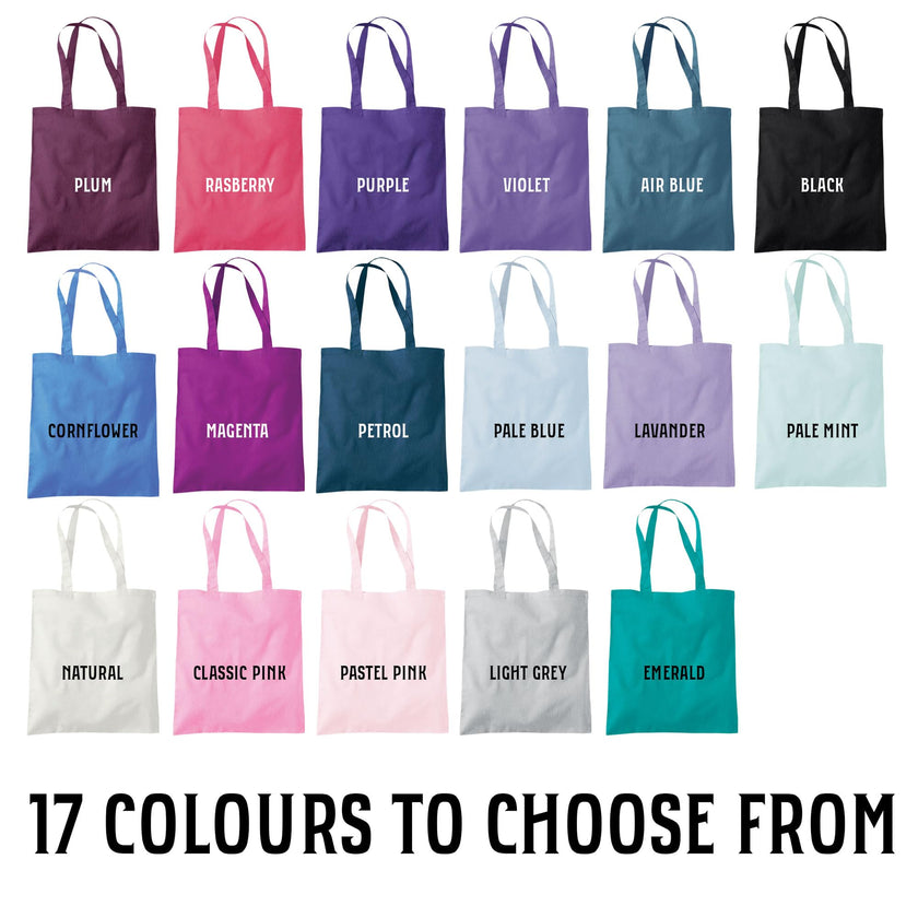Tote bag colour chart showing all 17 colours