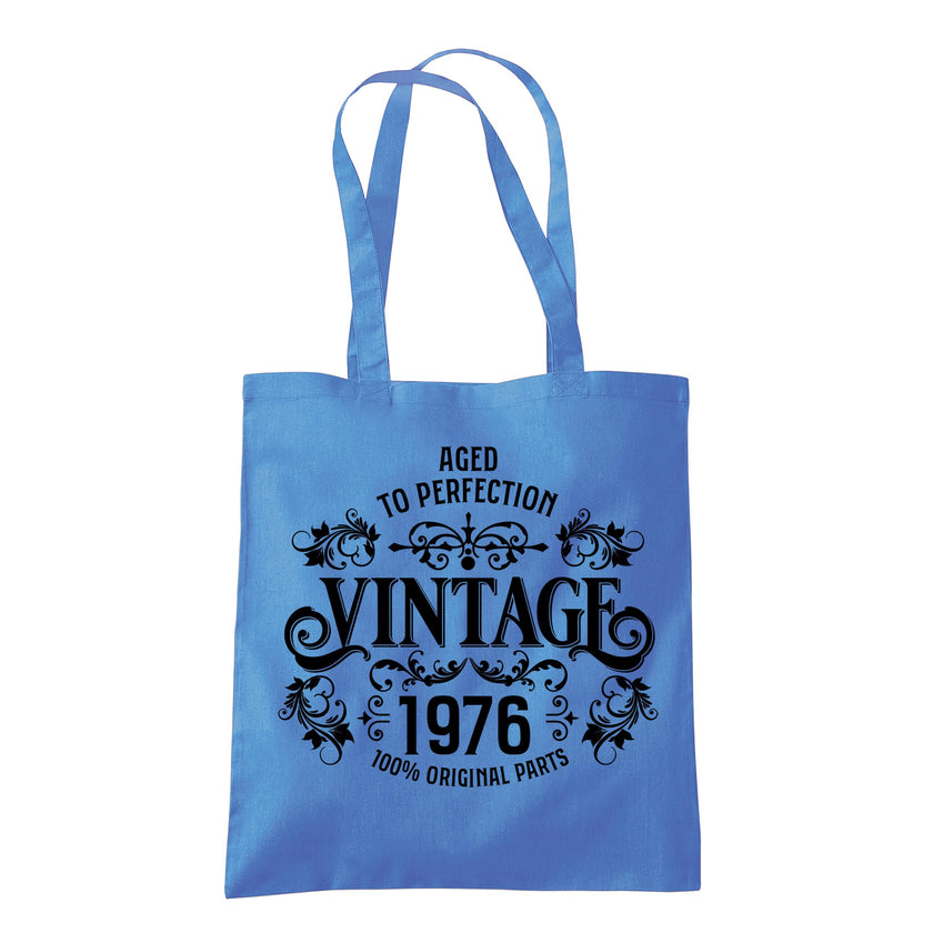 Vintage 1976 Aged to Perfection 50th birthday tote bag in cornflower blue