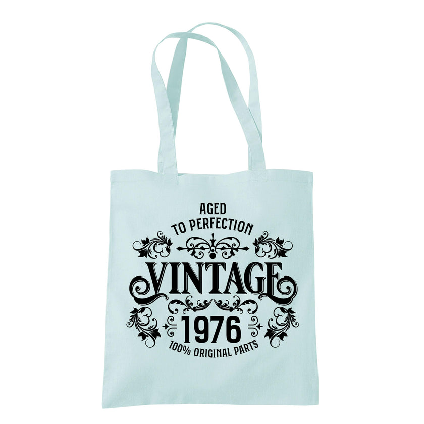 Vintage 1976 Aged to Perfection 50th birthday tote bag in pastel mint