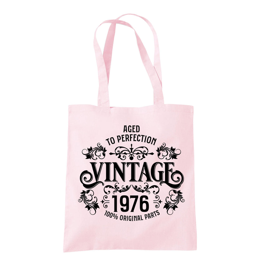 Vintage 1976 Aged to Perfection 50th birthday tote bag in pastel pink