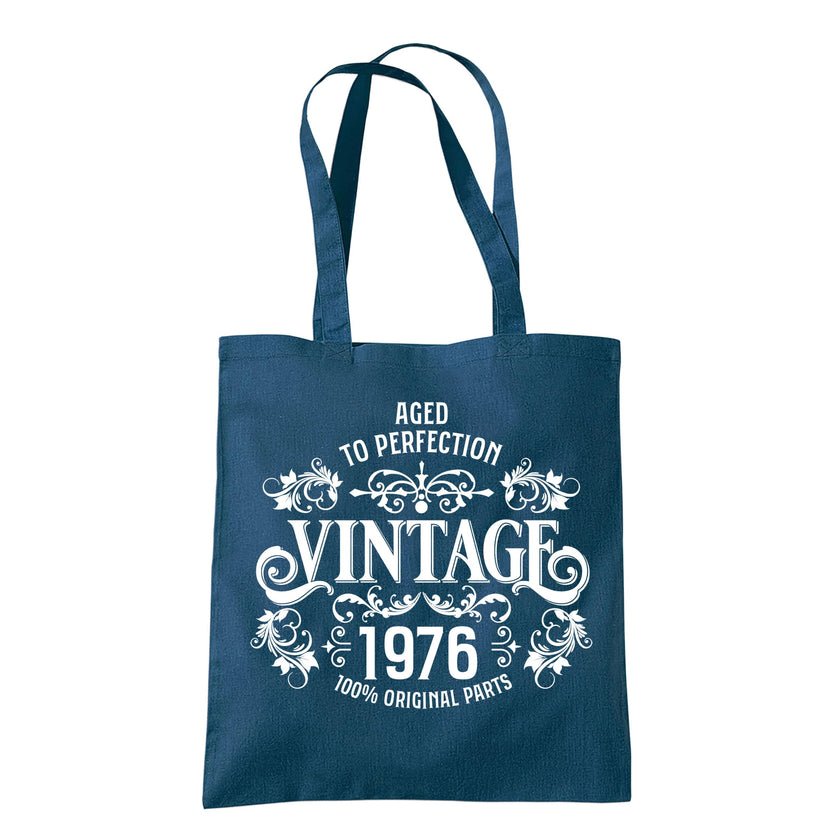 Vintage 1976 Aged to Perfection 50th birthday tote bag in petrol